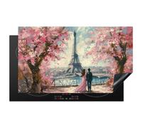 KitchenYeah© Protège Plaque Induction Protecteur Cuisiniere Decoration | 90x51 cm Deco Cuisine Accessoire Pratique Tour Eiffel - Couple - Rose - Romantique - Arbres - Paris