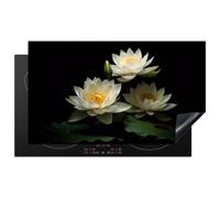 KitchenYeah© Protège Plaque Induction Protecteur Cuisiniere Decoration | 90x51 cm Deco Cuisine Accessoire Pratique Protection De Vitroceramique Kitchen Gadget Lotus - Fleurs - Blanc - Nature - Noir