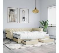 kithwjll Lit de jour extensible avec tiroirs - Crème - 90 x 200 cm - En cuir synthétique - Cadre de lit solide - Lit double - Lit d'appoint - Espace de rangement - Canapé-lit pour chambre à coucher