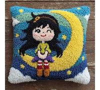 kitphoenix Kit De Coussin Avec Crochet À Loquet Fille Assise Sur La Lune | Kit Coussin au Point Noué, 43×43CM création de Tapis et Canvas, Kit Tapis Point Noué,Tapis Point Noué Kit