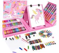 Kits de dessin et de peinture Ezel à trois volets | Avec pastels à l'huile et craies de couleur | Matériel artistique | Plumes pour aquarelle | Coffret cadeau rose pour filles