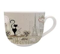 KIUB - Grand bol Paris Tour eiffel avec une anse - Motif Paris Café avec un chat - matière porcelaine fine - contenance 670ML