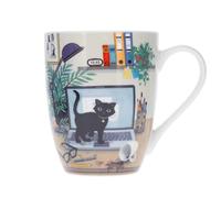 KIUB Mug porcelaine arrondi - motif chat en télétravail à coté de son ordinateur - hauteur 10CM - contenance 340ML - boite assortie