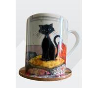 KIUB Mug porcelaine avec dessous en liège - motif chat assis sur des coussins - hauteur 9CM - contenance 300ML - coffret cadeau