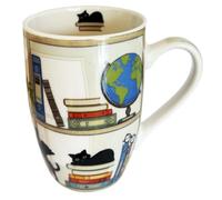 KIUB Très grand mug porcelaine arrondi - motif chats jouant sur les étagères de la bibliothèque- hauteur 12CM - contenance 490ML - boite assortie