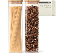 KIVY Bocaux de conservation avec couvercle carré - 2 x 1,8 l - Hermétiques | Pour spaghetti, farine, céréales - Bocaux à pâtes avec couvercle - Grande taille - Couvercle en bambou