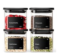 KIVY Bocaux de conservation rectangulaires [4 x 400 ml] + étiquettes - Bocaux de rangement empilables et hermétiques avec couvercle - Petits bocaux de conservation noirs - Boîtes de conservation