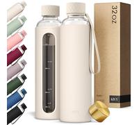 KIVY Bouteille d'eau en verre avec manchon en silicone de 946 ml [avec mesure] - Bouteille d'eau en verre borosilicate avec bouchon à vis - Bouteilles transparentes avec marquage de mesure - Bouteille