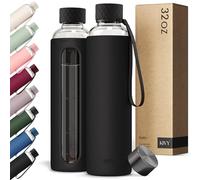 KIVY Bouteille d'eau en verre avec manchon en silicone de 950 ml [avec mesure] - Bouteille d'eau en verre borosilicate avec bouchon à vis - Bouteilles transparentes avec marquage de mesure - Bouteille