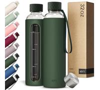KIVY Bouteille d'eau en verre avec manchon en silicone de 950 ml [avec mesure] - Bouteille d'eau en verre borosilicate avec bouchon à vis - Bouteilles transparentes avec marquage de mesure - Bouteille