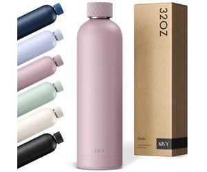 KIVY Bouteille d'eau isotherme en acier inoxydable de 946 ml | Bouteille d'eau fine pour voyage, voiture, salle de sport, porte-gobelet, poche latérale pour sac à dos, bouteille d'eau fine sans paille