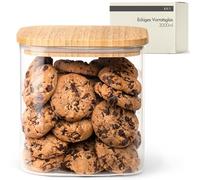 KIVY Grand bocal carré de 3 l - Hermétique - Sans BPA - Couvercle en bambou | Boîte de rangement en verre pour farine, biscuits, bonbons, lessive - Boîte de rangement pour poudre à lessive - XXL Cookie