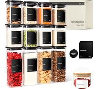 KIVY Lot de 12 bocaux de conservation rectangulaires + étiquettes - Bocaux de rangement empilables et hermétiques - Bocaux de conservation noirs avec couvercle hermétique