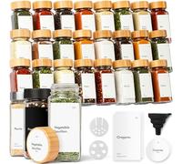 KIVY Lot de 24 pots à épices carrés hermétiques avec bac à saupoudrer [24 x 120 ml] + 240 étiquettes étanches - Bocaux à épices carrés - Boîtes à épices en bambou - Récipient à épices avec couvercle