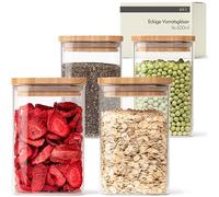 KIVY Lot de 4 bocaux de conservation carrés avec couvercle, 600 ml | Petits bocaux de rangement avec couvercle en bambou - Bocaux de rangement en verre avec couvercles - Bocaux de rangement avec