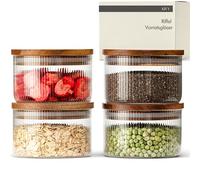KIVY Set Bocaux en Verre Hermétique Strié [4 x 350 ml] - Bocaux en Verre avec Couvercles en Acacia Durable - Bocal de Conservation - Pots à Épices, Sucre ou Café - Stockage Cuisine