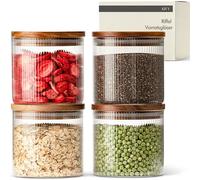 KIVY Set Bocaux en Verre Hermétique Strié [4 x 600 ml] - Bocaux en Verre avec Couvercles en Acacia Durable - Bocal en Verre avec Couvercle - Bocaux de Conservation - Bocal à Pâtes