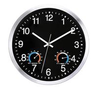 KIZLOC Horloge murale étanche 30 cm avec thermomètre et hygromètre, noire | Horloge murale silencieuse, étanche IP65, aluminium argenté, quartz précis, lisible, salle de bain, cuisine, jardin, piscine