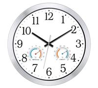 KIZLOC Horloge murale étanche 40 cm avec thermomètre et hygromètre, blanche | Horloge murale silencieuse, étanche IP65, aluminium argenté, quartz précis, lisible, salle de bain, cuisine, jardin, piscine