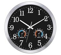 KIZLOC Horloge murale étanche 40 cm avec thermomètre et hygromètre, noire | Horloge murale silencieuse, étanche IP65, aluminium argenté, quartz précis, lisible, salle de bain, cuisine, jardin, piscine