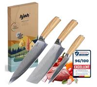 kjøk Set de 3 couteaux de cuisine - nakiri, chef 20 cm & office 13 cm | 3 couteaux tranchants dureté 58 HRC, chef asiatique, nakiri et couteau d'office, manches bois d'olivier, étuis inclus