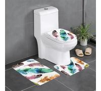 kkvhhyuo Lot de 3 tapis de salle de bain pour abattant WC | Ensemble de tapis de bain avec plumes colorées dessinées à la main sur blanc imprimé lavable pour salle de bain