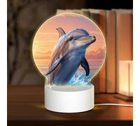 KLAMN WZ201 Lampe de chevet ronde en acrylique avec motif dauphin avec sourire, lampe de nuit LED avec prise USB, 3 couleurs à intensité variable, WZ201