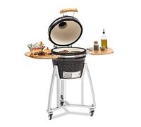 Klarstein Queensize Kamado Grill, Barbecue Céramique en Œuf pour Griller, Cuisson Lente, Fumer et Cuire, Tablettes Latérales Amovibles, Céramique/Inox/Bambou, Thermomètre 0-450°C, 3 Roues, Noir