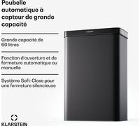Klarstein Sensor poubelle 60L - sans contact avec capteur de mouvement & soft-close, inox, noir mat, poubelle de cuisine, poubelle 3 en 1 avec système de séparation
