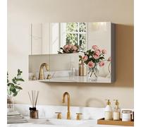 kleankin Armoire de salle de bain avec miroir, 3 portes à fermeture douce, étagères réglables, armoire murale suspendue pour salle de bain, gris, 90 x 15 x 60 cm