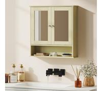 kleankin Armoire Murale Étagère Salle de Bain 56 x 13 x 58 cm Bois Naturel | Double Porte Miroir, Étagère Réglable, MDF