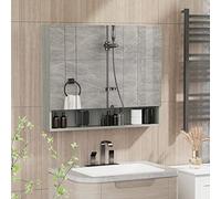 kleankin Armoire Murale Salle de Bain avec Miroir, 90 x 15 x 75 cm, Meuble Salle de Bain, Armoire de Toilette avec 3 Portes Miroir, Compartiment Ouvert et étagères réglables, Gris