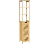 Meuble colonne rangement salle de bain style cosy dim. 34L x 30l x 173H cm porte à lattes 3 étagères bambou MDF aspect bois clair Beige G