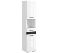 kleankin Colonne de salle de bain en MDF, blanc brillant, meuble de salle de bain avec étagère ouverte, tiroir et armoire fermée, 37 x 32,5 x 170 cm