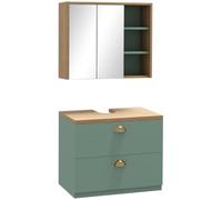 kleankin Ensemble de Meubles de Salle de Bain Armoire Miroir Vert | Meuble Sous Lavabo Suspendu, Étagères Réglables, 2 Tiroirs, Design Scandinave