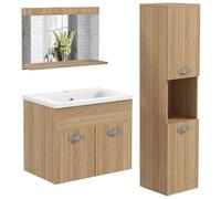 Ensemble 3 meubles salle de bain avec vasque - meuble sous-vasque suspendu, miroir, meuble colonne mural - aspect chêne clair Beige G