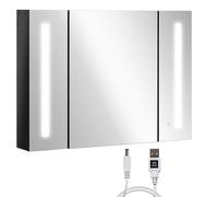 kleankin LED Meuble de Salle de Bain avec Miroir Mural Haut Brillant Noir | Luminosité dimmable, organiseur de rangement, 3 portes miroir, étagères réglables, fonction mémoire, charge USB