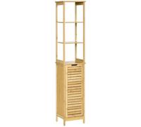 Meuble colonne rangement salle de bain style cosy dim. 34L x 30l x 173H cm porte à lattes 3 étagères bambou MDF aspect bois clair Beige G