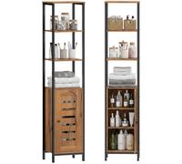 kleankin Meuble colonne de salle de bain industriel 3 étagères ouvertes porte à lamelles étagères réglables marron rustique