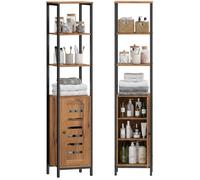 Meuble colonne rangement salle de bain style cosy dim. 37L x 30l x 167H cm 3 étagères porte ajourée acier noir aspect bois Marron G