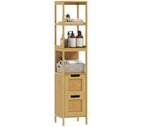 kleankin Meuble Colonne Salle de Bain 30L x 30l x 144H cm Bambou Naturel | Rangement, Style Cosy, 3 Étagères, 2 Tiroirs