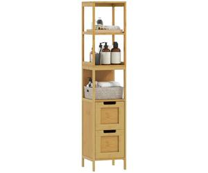 kleankin Meuble Colonne Salle de Bain 30L x 30l x 144H cm Bambou Naturel | Rangement, Style Cosy, 3 Étagères, 2 Tiroirs