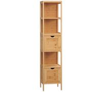 kleankin Meuble de rangement colonne pour salle de bain en bambou 2 tiroirs amovibles et 3 étagères 30 x 30 x 140 cm naturel