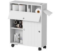 kleankin Meuble de rangement salle de bain, meuble WC pour papier toilette avec portes coulissantes, plusieurs compartiments, sur roulettes, meuble de toilette, 52 x 17 x 67 cm, blanc