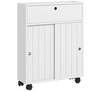 kleankin Meuble de rangement salle de bain, meuble WC pour papier toilette avec portes coulissantes, plusieurs compartiments, sur roulettes, meuble de toilette, 52 x 17 x 67 cm, blanc