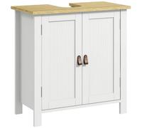 kleankin Meuble sous Lavabo, 2 Portes, 60 x 30 x 60 cm, Blanc | Meuble de Salle de Bain sous Lavabo, Étagère Réglable, 2 Étages à l'Intérieure, Poignées en PU