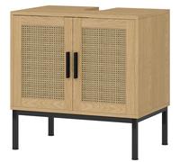 kleankin Meuble sous lavabo de salle de bain, design boho, meuble de salle de bain, éléments en rotin, avec découpe en forme de U, Chêne