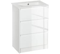 kleankin Meuble sous-Vasque 2 Tiroirs 61 x 37 x 88 cm Laqué Blanc Brillant | Lavabo Céramique, Meuble Rangement Salle de Bain