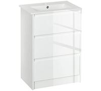 kleankin Meuble sous-Vasque avec lavabo céramique Meuble Rangement Salle de Bain avec 2 tiroirs 61 x 37 x 88 cm, laqué Blanc Brillant