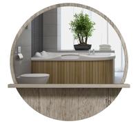 kleankin Miroir de Salle de Bain Mural 45cm avec étagère Gris Effet Bois | Miroir de maquillage rond encadré, décoration intérieure